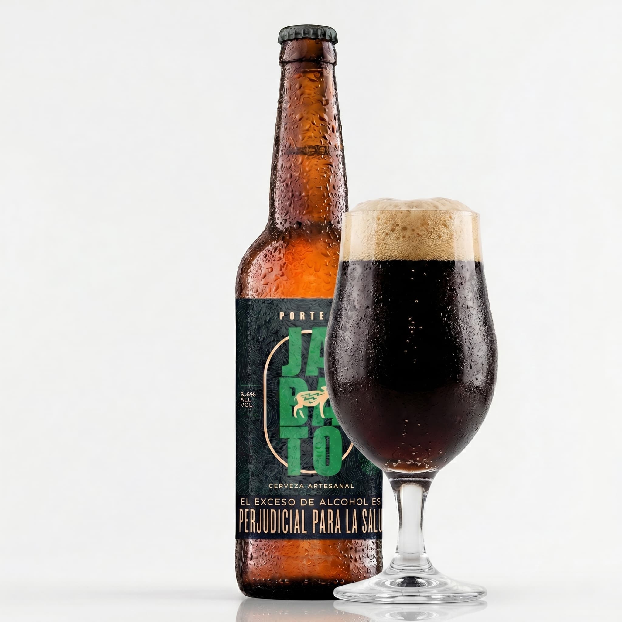 Botella Jabato Porter 330ml con vaso servido — ideal para cena contundente y parche íntimo